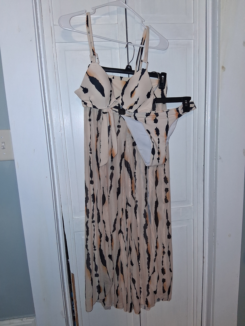 Aliexpress Swimwear Beige & Black Patterned Bikini, Wide Leg Slit Front Pants